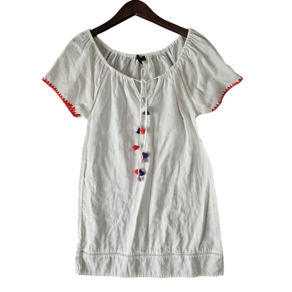 J Crew Embroidered Linen Cotton Pom Pom Cover Up Tunic White XXS G4021 - Picture 1 of 10